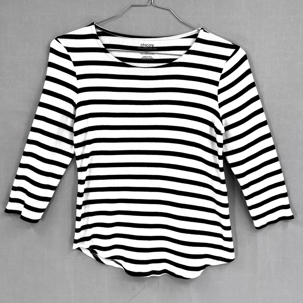 Chico's The Ultimate Tee Womens 0 Black White Striped 3/4 Sleeve Top Breton